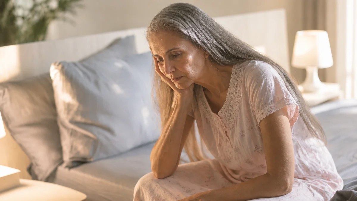 Exhausted woman over 50 sitting on bed edge in the morning, capturing the persistent fatigue and low energy caused by vitamin D deficiency.