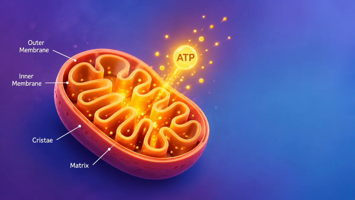 Labeled 3D mitochondrion diagram showing ATP production, illustrating how vitamin D powers cellular energy in adults over 50.