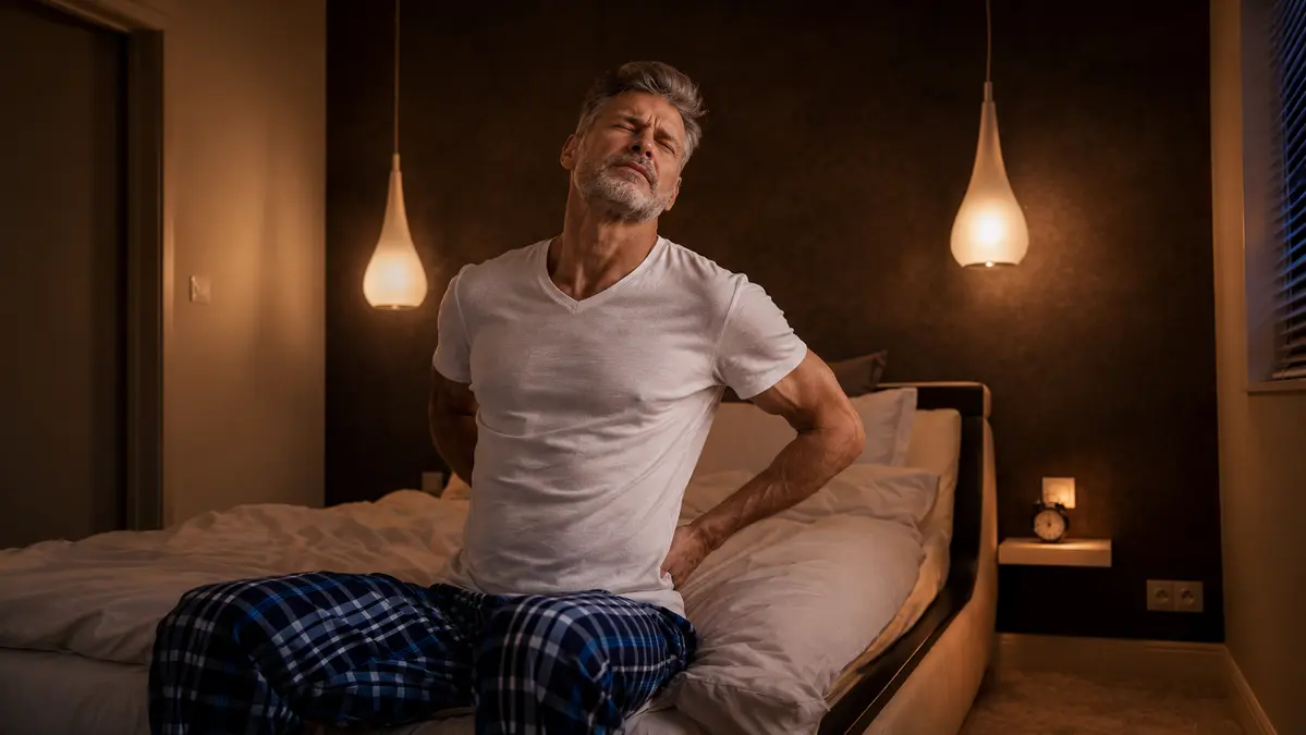 Middle-aged man sitting on bed at night gripping his lower back in sharp pain, bedroom lit by warm pendant lights.