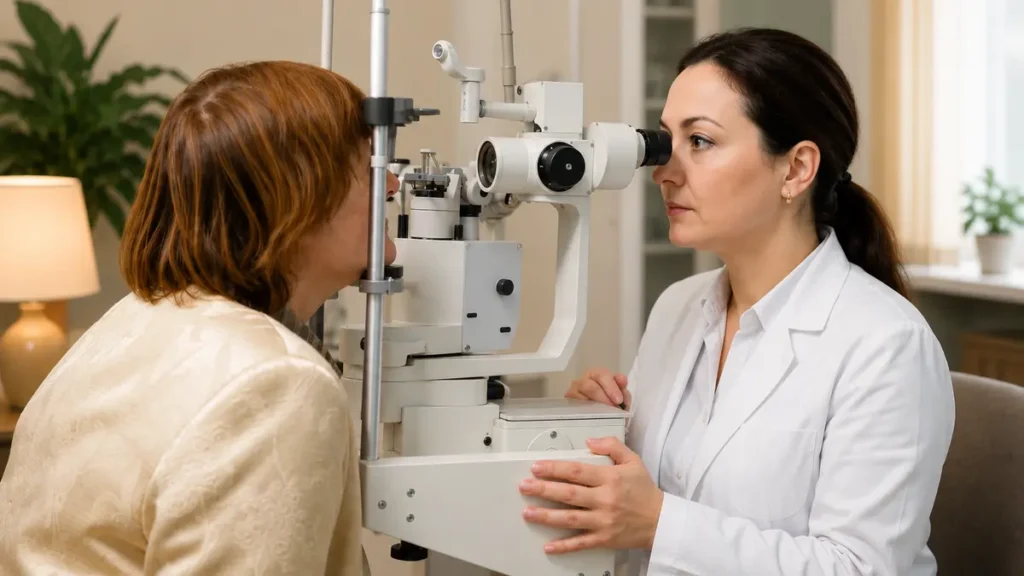Woman over 50 receiving a slit lamp eye exam at a clinic to identify nutrient deficiencies affecting vision health.