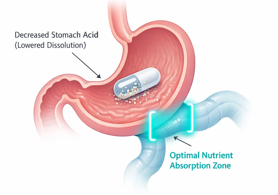 Medical diagram showing how low stomach acid affects the basal metabolic rate by slowing supplement dissolution before the absorption zone.