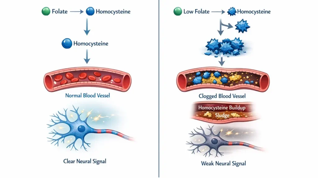 Medical illustration comparing healthy neural signaling with a homocysteine-induced signal clog to resolve folate deficiency brain fog.