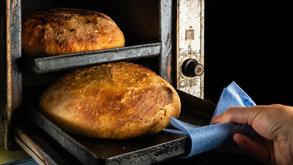 Home baker pulling a golden rustic bread loaf from a basic oven on a baking sheet without a Dutch oven.