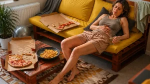 Woman holding her stomach in discomfort on a couch after eating pizza and chips, experiencing bloating and digestive pain.