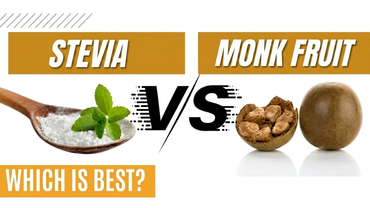Comparison banner of Stevia vs Monk Fruit with text asking which is best, featuring green leaves and dried monk fruit.