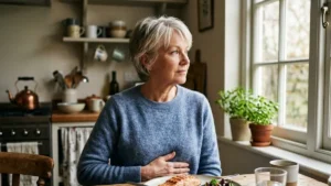 Mature woman resting a hand on her side to manage gallbladder pain after eating fatty food.