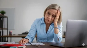 Tired woman over 50 sitting at office desk with laptop, resting head on hand in afternoon fatigue, glasses beside her on papers.