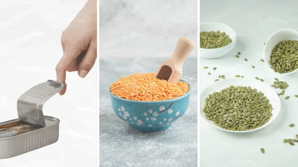 A collage of canned oysters, pumpkin seeds, and soaking lentils to optimize mineral absorption for immune resilience after 50.