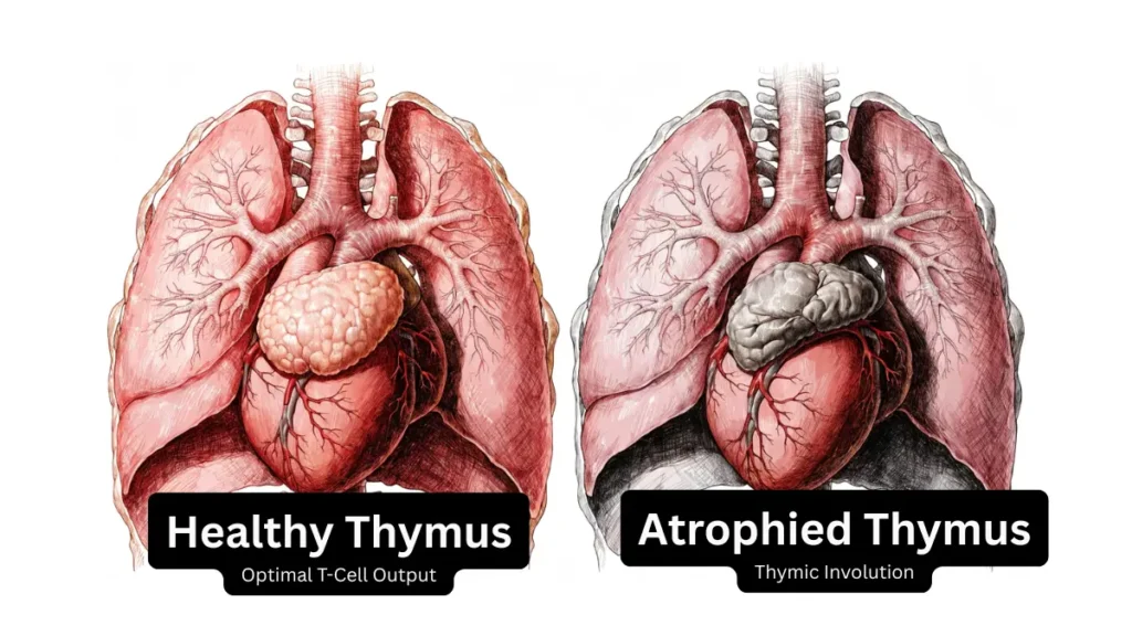 Anatomical diagram with labels comparing a healthy thymus to an atrophied thymus, showing how zinc supports the training academy for T-cells.