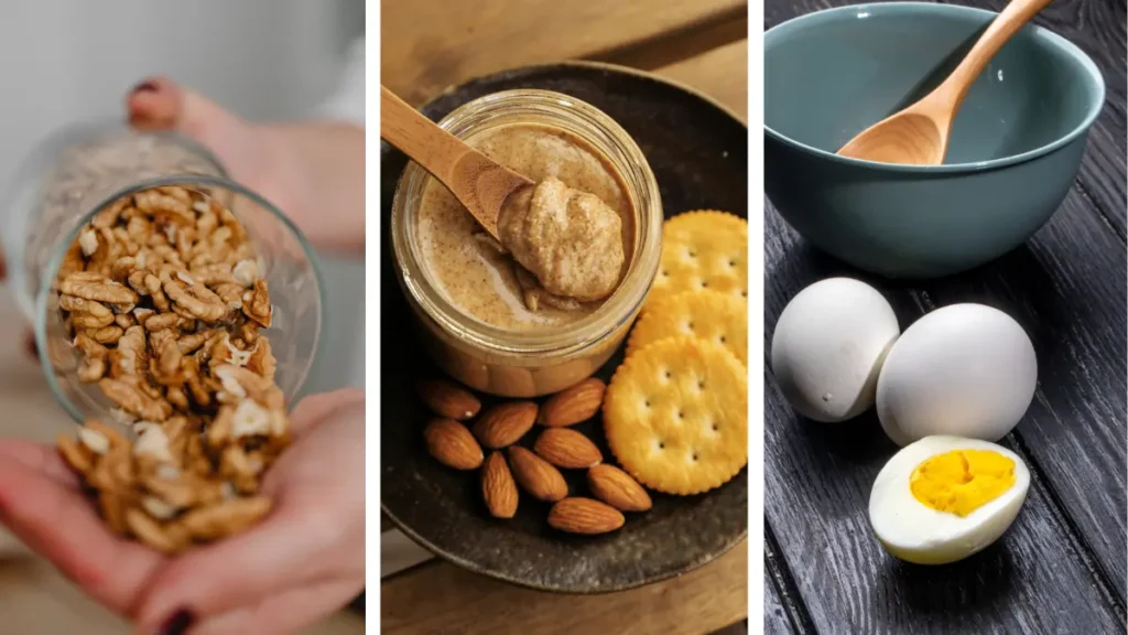 Collage of protein and fat snacks including walnuts, almond butter, and hard-boiled eggs to stabilize blood sugar levels overnight.