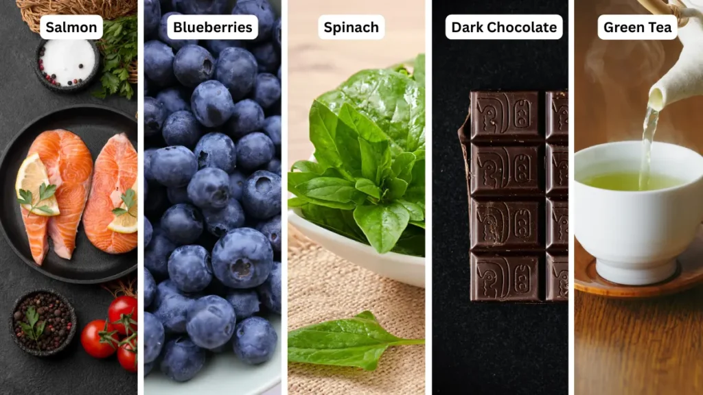 Collage of salmon, blueberries, and leafy greens to provide neural precursors and support ATP cellular energy.