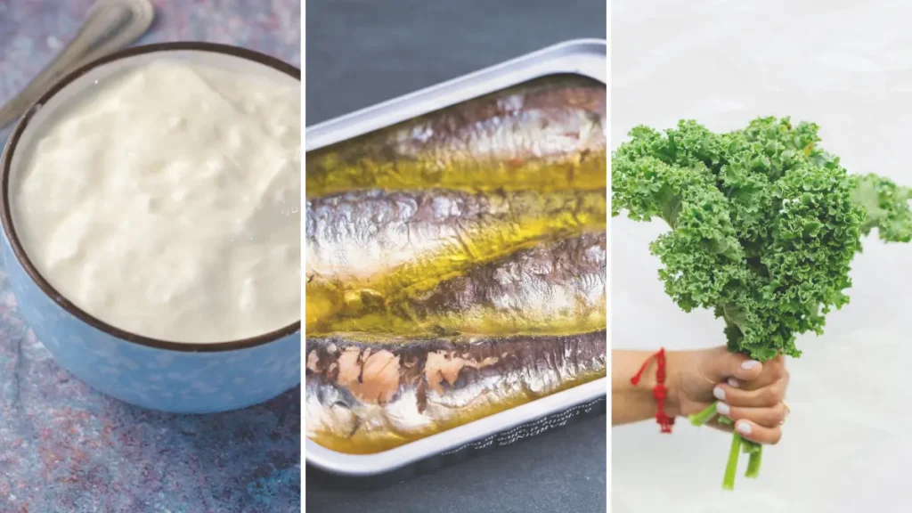 Bowl of Greek yogurt, fresh kale, and sardines fueling bone remodeling through nutrient-dense minerals.