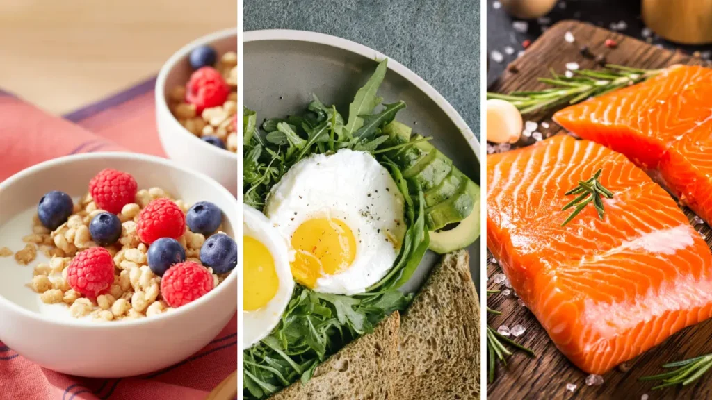 Collage of Greek yogurt, salmon, and eggs to provide leucine-rich protein for ATP cellular energy.