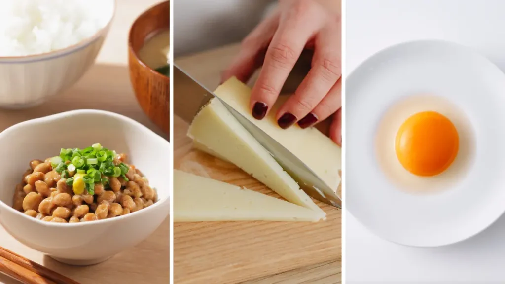 Collage of natto, gouda cheese, and egg yolks fueling the MK-7 form of K2 for bone and arterial health.