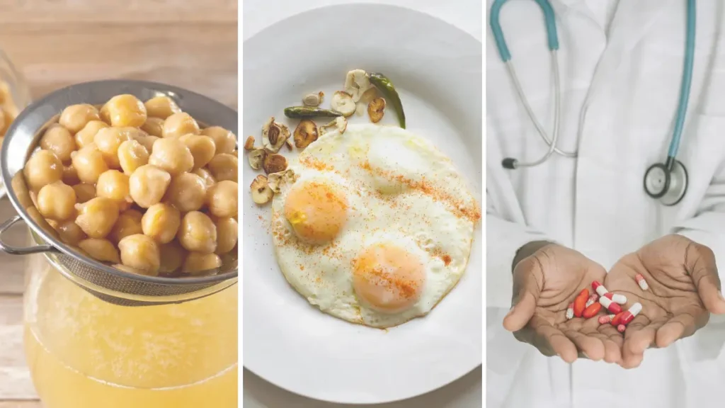 A collage of soaked chickpeas, eggs, and calcium supplements to manage cortisol management and mineral absorption.