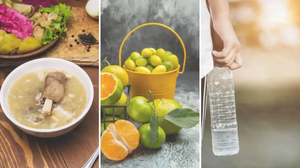 Collage of bone broth, citrus fruits, and water to support collagen synthesis and joint lubrication after 50.