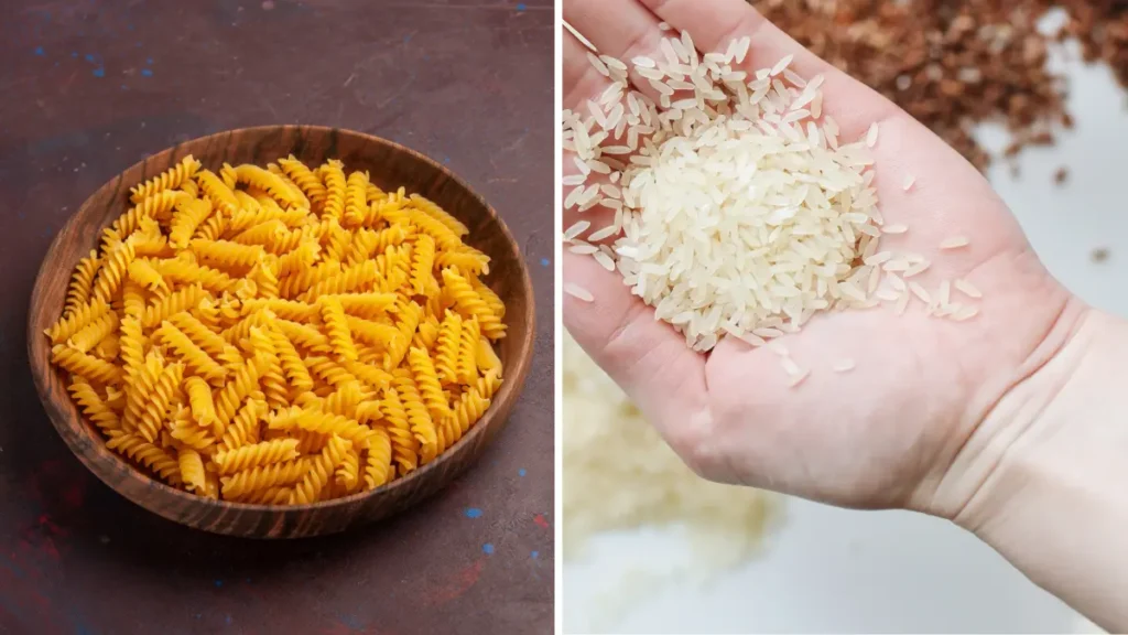 A split image showing a wooden bowl of dry fusilli pasta on the left and a hand holding raw white rice grains on the right.