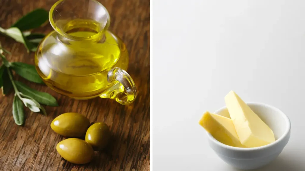 A split image showing a glass carafe of olive oil with whole green olives on a wooden surface next to a small white bowl of butter wedges.