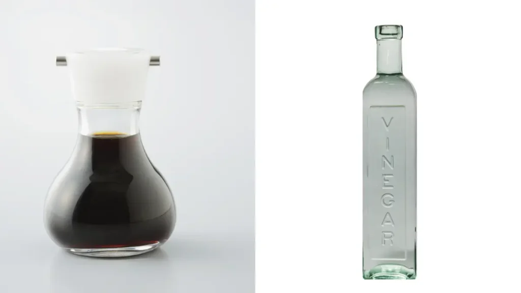A split image showing a glass carafe of dark soy sauce on the left and a tall clear glass bottle with the word vinegar embossed on the right.
