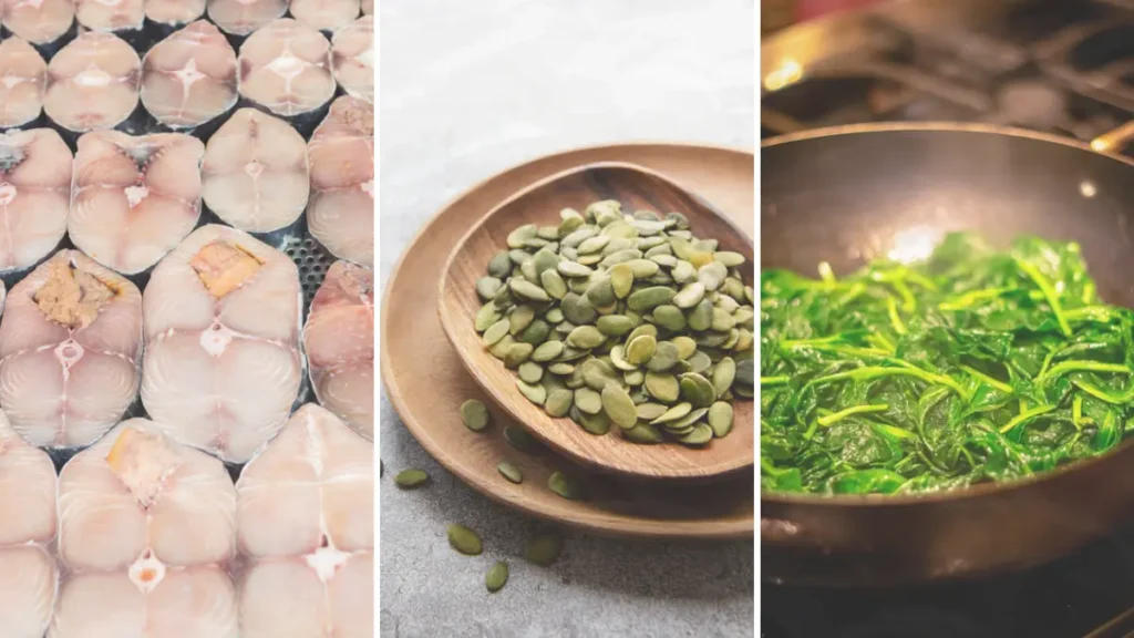Collage of halibut fish, pumpkin seeds, and sautéed spinach to illustrate proactive magnesium loading for cellular health.