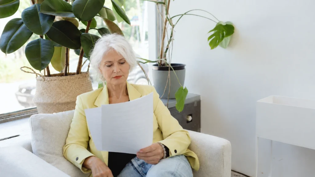 Woman in her 50s reviewing blood test results at home, checking vitamin D levels before choosing a supplement dose.