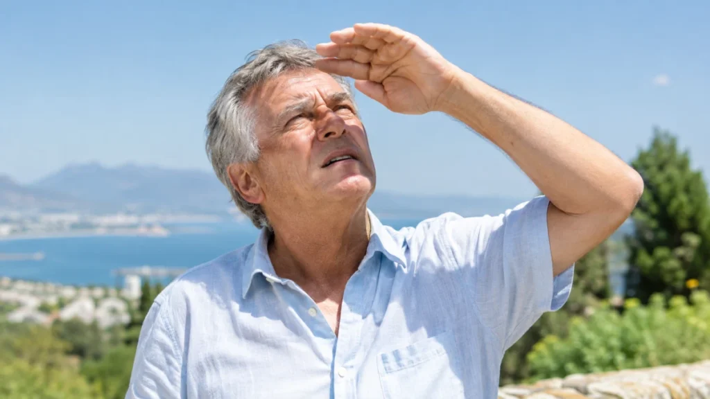 Man in his 60s shielding his eyes outdoors in bright sunlight, unaware that sun exposure may no longer produce enough vitamin D.