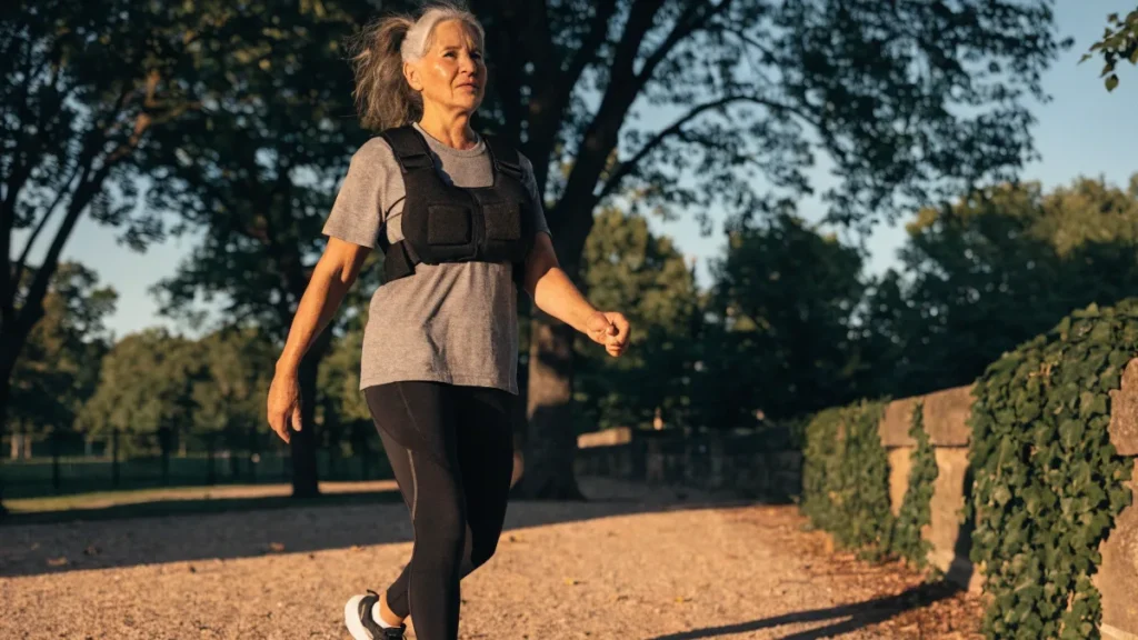 Mature woman walking outdoors in a weighted vest to improve bone density after 50.