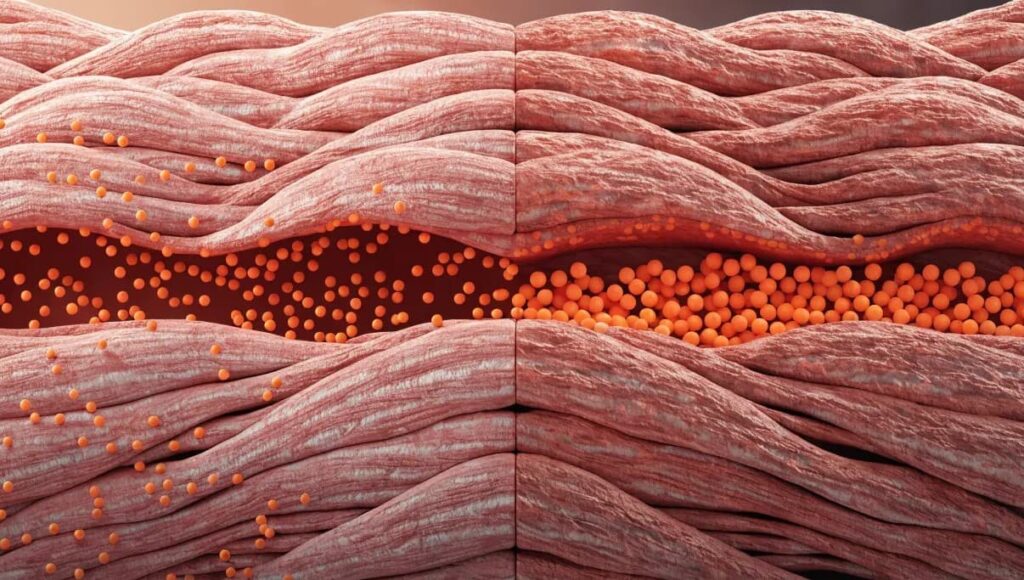 Medical illustration of glucose molecules clumping in aged muscle tissue, slowing metabolic heat production and cellular energy.