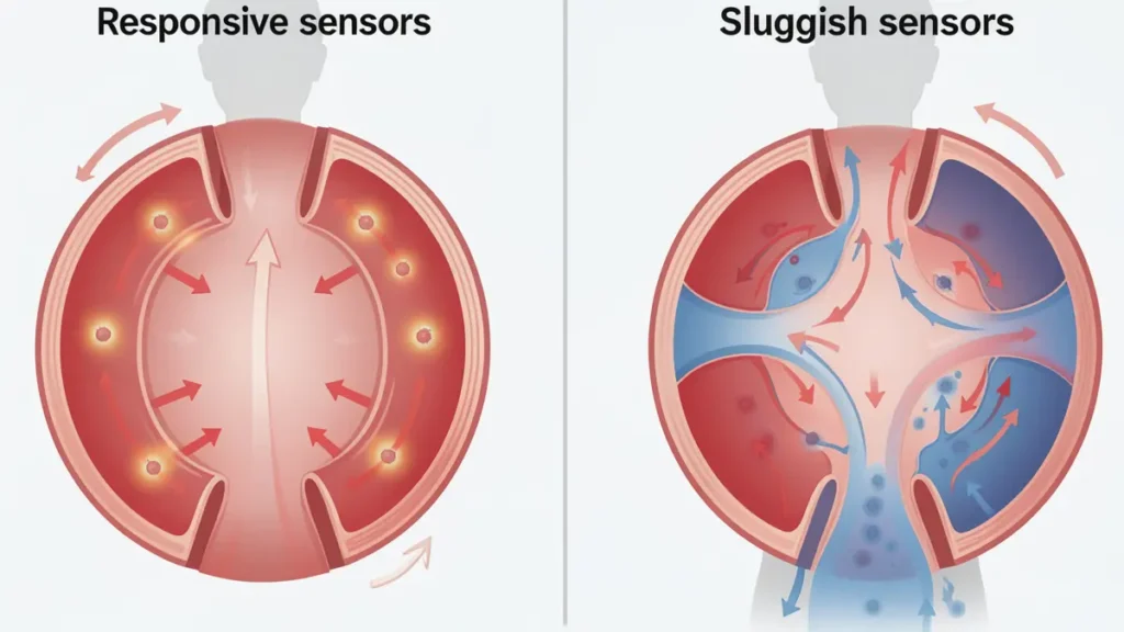 Medical diagram comparing responsive and sluggish baroreflex sensors to explain orthostatic hypotension causes.