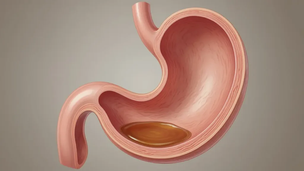 Medical illustration of a human stomach with low levels of gastric acid to show reduced absorption capacity.
