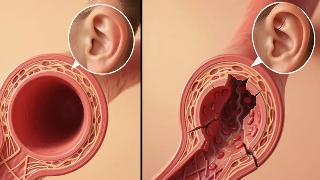 Cross-section comparison showing how arterial stiffness and microvascular collapse lead to a visible diagonal earlobe crease.
