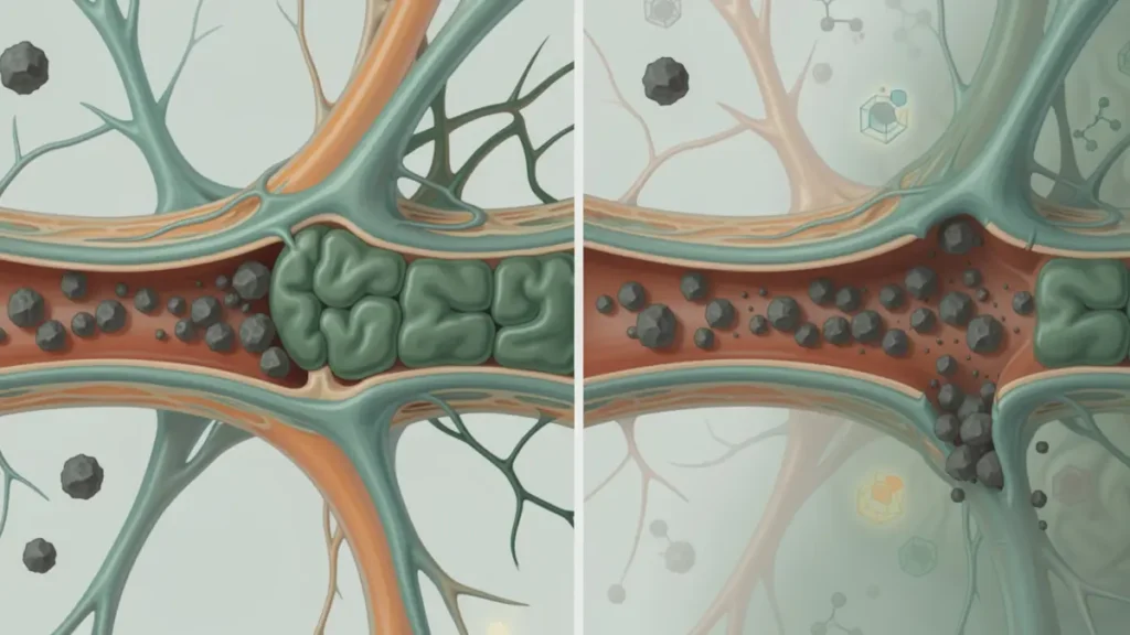 Illustration of vascular buildup and flow changes, representing impaired circulation and its potential impact on brain health.