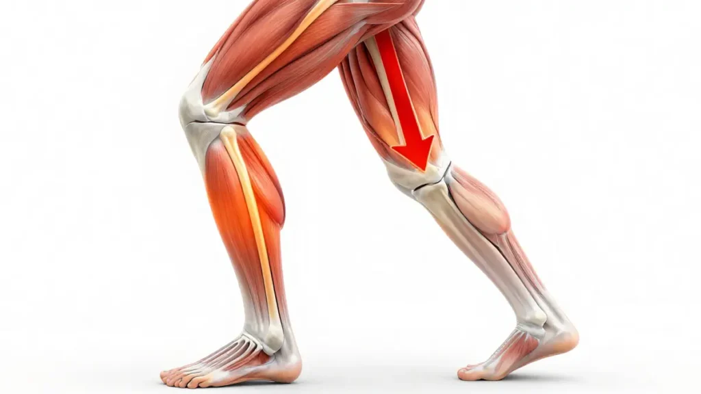 Anatomical leg diagram with a red arrow showing force distribution during a slow seated descent to protect knee joints.