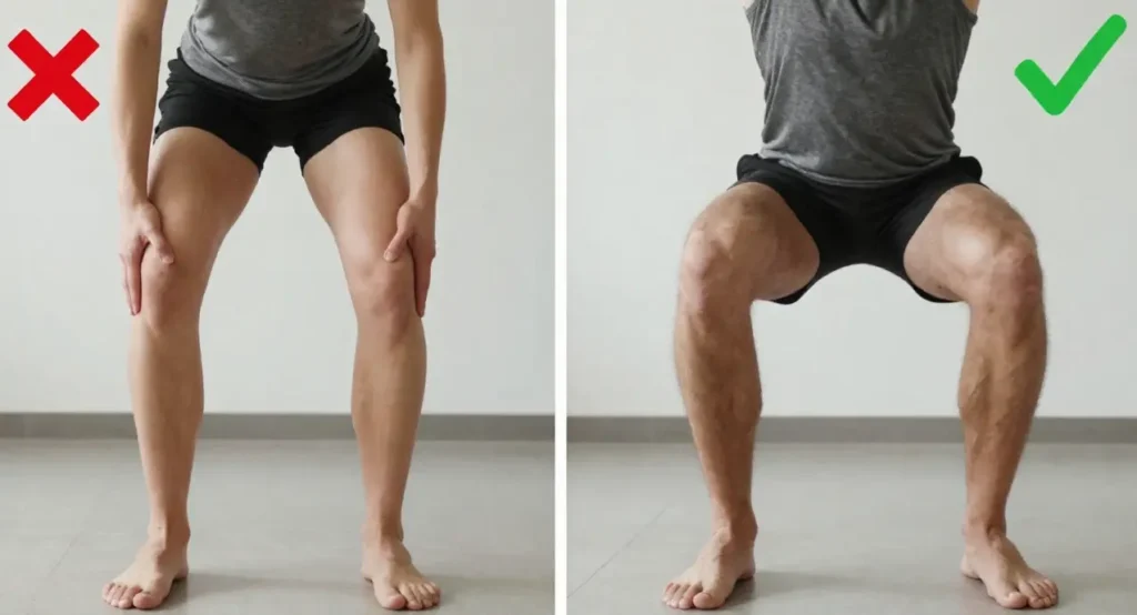 Side-by-side comparison of incorrect knee valgus collapse versus correct squat alignment to prevent joint pain.