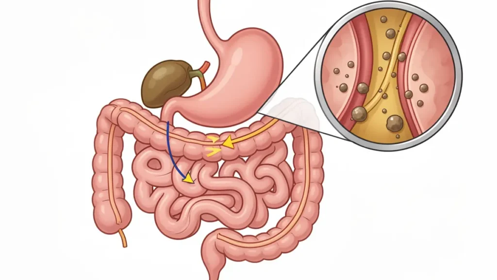Medical illustration of the gallbladder contracting to release bile into the small intestine to support fat digestion.
