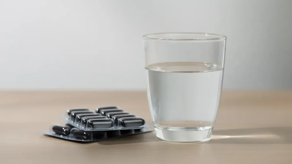 A glass of water next to B-complex vitamins to improve ATP cellular energy on an empty stomach.