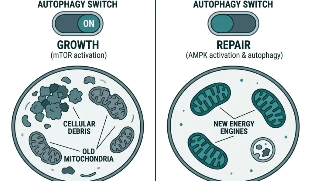 Diagram of the autophagy switch flipping from mTOR growth to AMPK repair to trigger mitochondrial biogenesis and clear cellular debris.