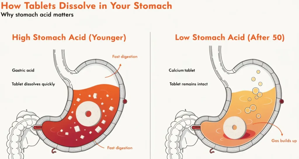 Medical diagram comparing calcium carbonate breakdown in high vs. low stomach acid to optimize absorption and prevent gas.
