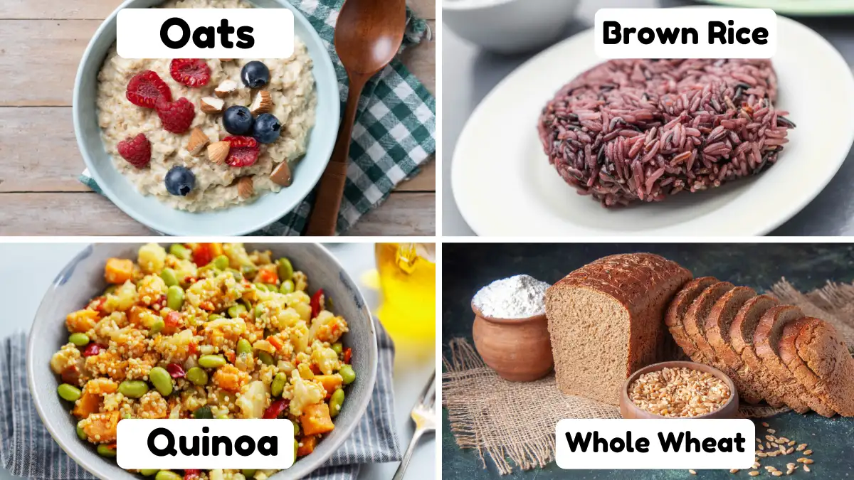 A four-part visual guide displaying prepared bowls of oats, brown rice, quinoa, and whole wheat bread to help swap refined carbohydrates for a high fiber diet after 50.