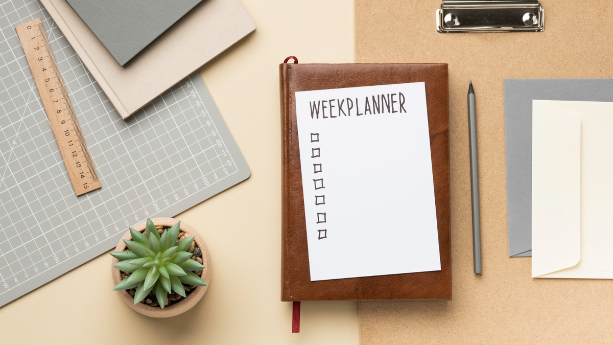 Top-down view of a leather weekly planner with a blank checklist, a succulent, and stationery on a clean beige desk.