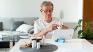 Mature man in living room reviewing Omega 3 Index Test results on a laptop with supplements placed near him on the table.