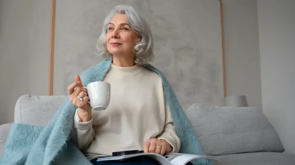 Mature woman with silver hair wrapped in a blue shawl holding a warm mug to lower her autonomic baseline before bed.