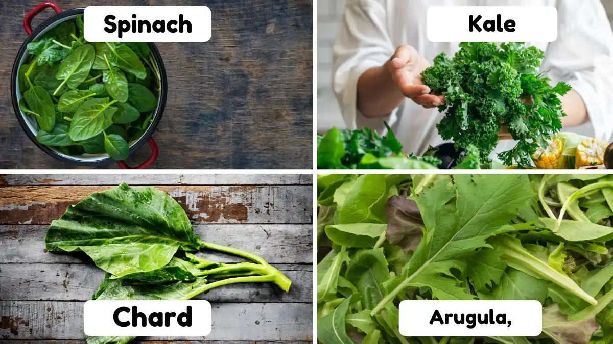 A four-part visual guide with text labels displaying spinach, kale, chard, and arugula, highlighting the high-nitrate leafy greens needed to boost nitric oxide and protect lower limb muscle strength after 50.