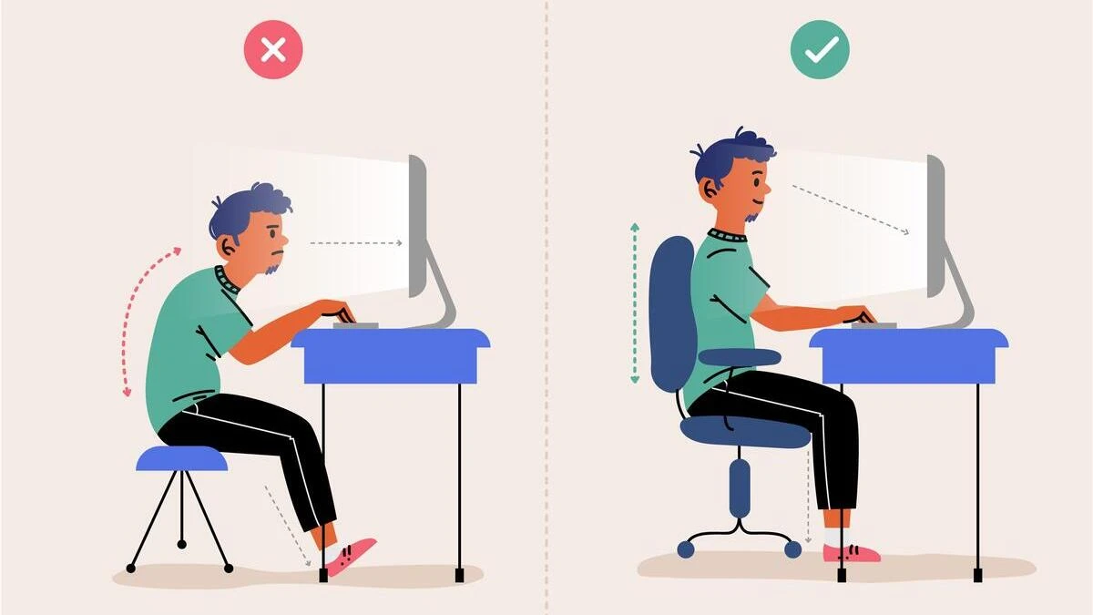 Diagram illustrating poor vs. good sitting posture. The poor posture shows how slouching and forward head tilt can lead to psoas muscle imbalances and spinal misalignment, while the correct posture demonstrates proper alignment for long-term back health and mobility.