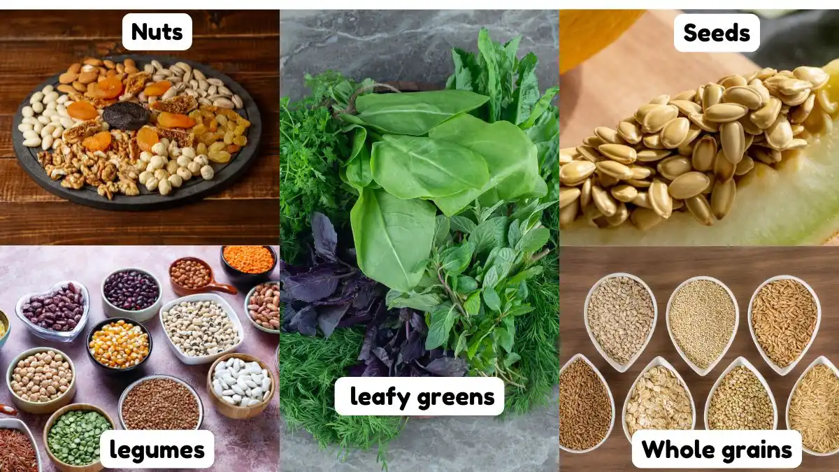 A collage of five images showcasing magnesium-rich food groups: a platter of mixed nuts and dried fruits, a variety of fresh leafy greens, a close-up of seeds inside a melon, several bowls containing different types of legumes, and small dishes filled with various whole grains. 