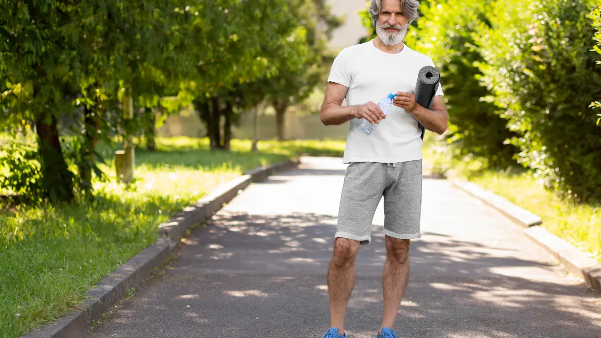 Fit mature man holding a yoga mat and water bottle in a park to maximize green tea weight loss mistakes avoidance through consistent daily movement.