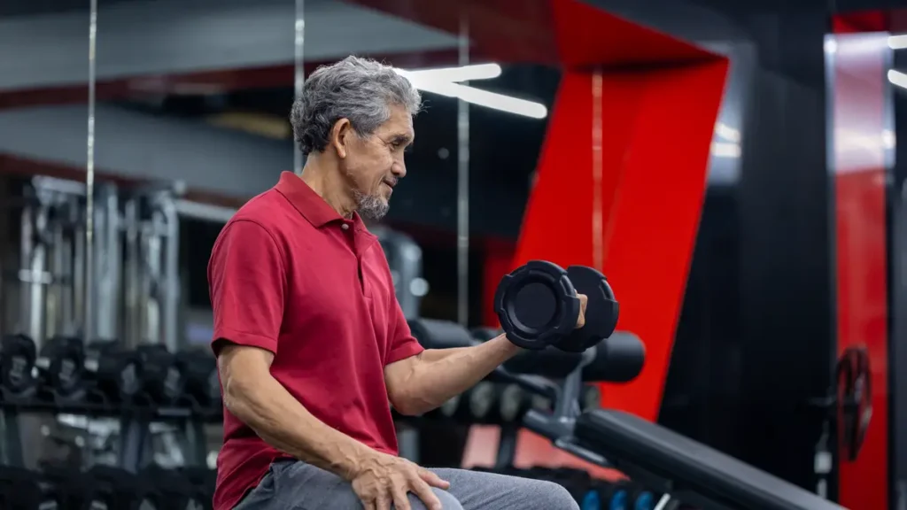 Senior Asian man performing a bicep curl with a dumbbell in a modern gym to trigger muscle protein synthesis and combat anabolic resistance.