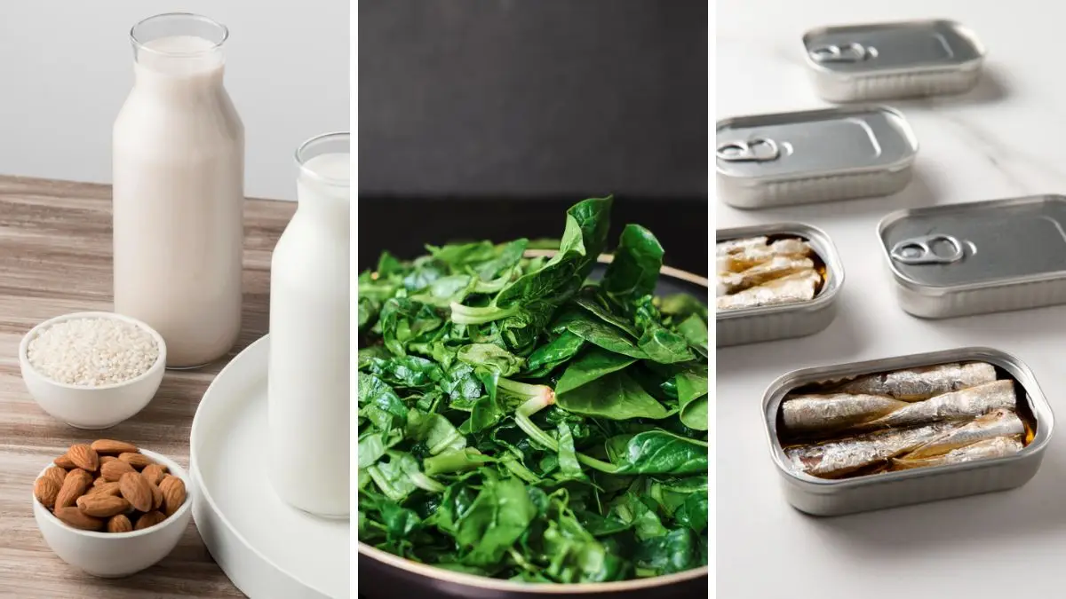 Collage of calcium-rich foods including fortified milk, leafy greens, and canned sardines to support bone density after 50 by providing essential minerals.