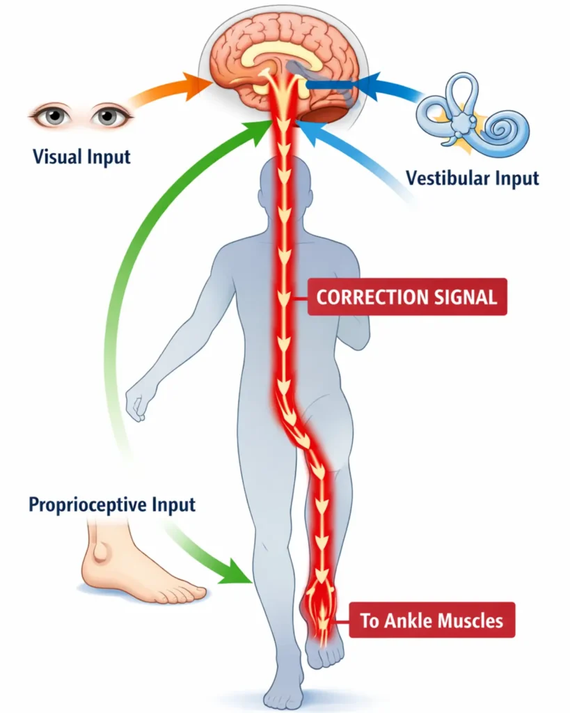 Medical diagram showing the balance feedback loop where visual, vestibular, and proprioceptive inputs converge in the brain to send a correction signal to ankle muscles for postural stability.
