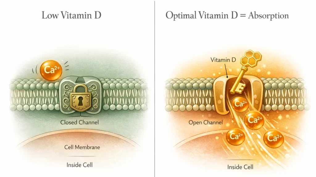 Biochemical diagram illustrating how Vitamin D acts as a key to unlock calcium absorption for firing muscle contraction signals.